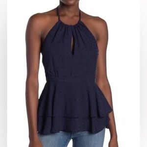 Parker Keyhole Swiss Dot Peplum Halter Top